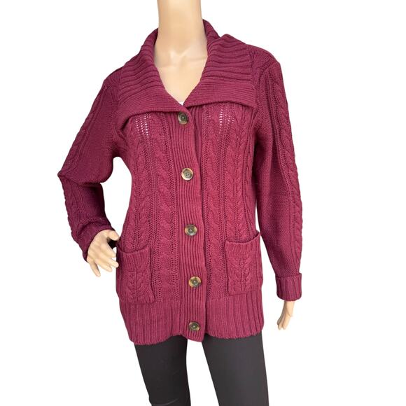 St. John's Bay L Cable Knit Cardigan Sweater Maroon Oversized Collar Pockets - Picture 1 of 7